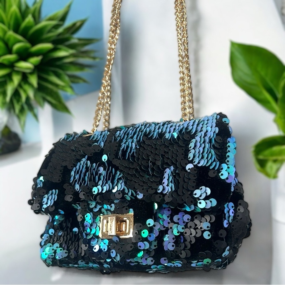 CMK Mermaidcore Aqua Blue Sequin Gold Accent Chain Hand Shoulder Mini Bag